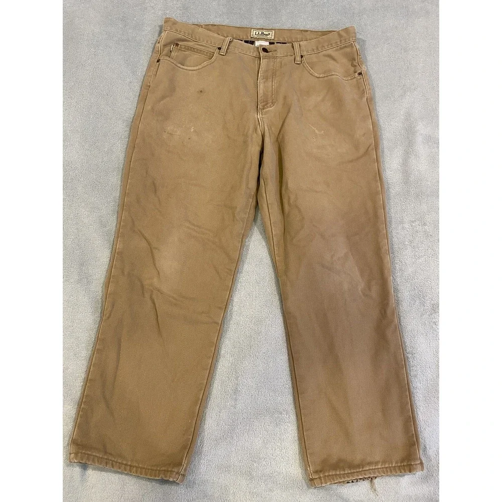 LL Bean Pants Mens 36 Beige Tan Cotton Flannel Lined Khakis Slacks 36x29